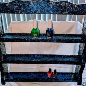 Reimagined blue hanging shelf with hand painted glitter for your precious items